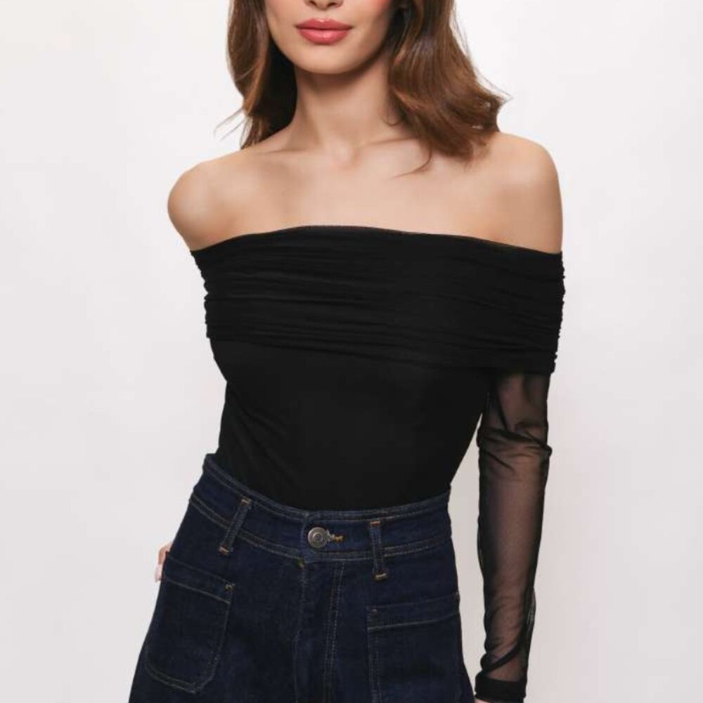 Hutch - Thatcher Black Sheer-Sleeve Draped Mesh Bodysuit - sz M